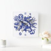 ガールズブルーホワイトバレーボールスターズ名前をカスタムする スクエア壁時計 (ホーム)