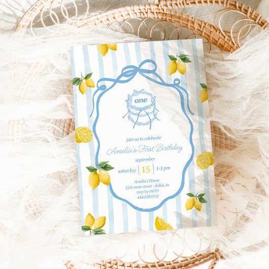 ガールズブルーレモンアマルフィ水彩1st誕生日 招待状