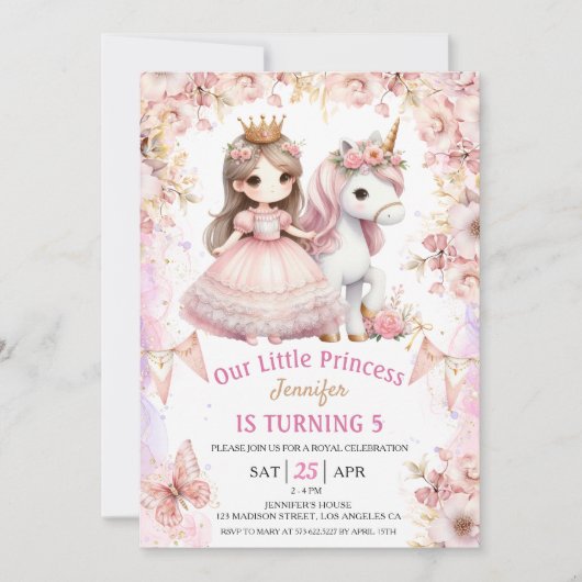 ガールズプリンセスユニコーン5th誕生日招待状 招待状 (正面)