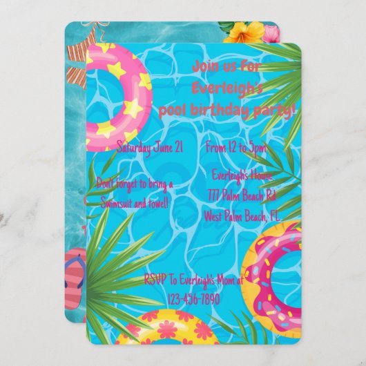 ガールズプールパーティーサマー誕生日 招待状 (正面/裏面)