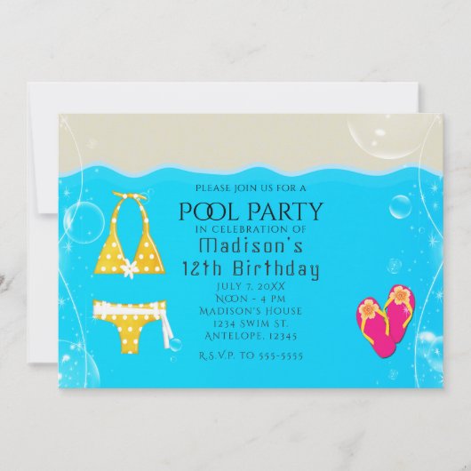ガールズプールパーティービキニ誕生日スイム招待状 招待状 (正面)
