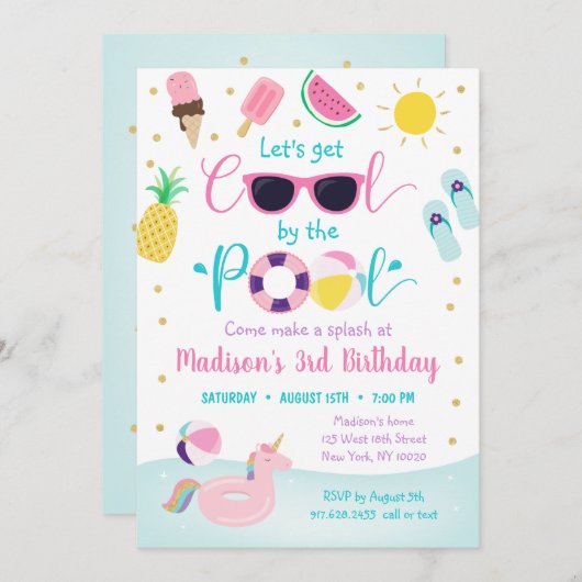 ガールズプールパーティーレッツゲークール誕生日 招待状 (正面/裏面)