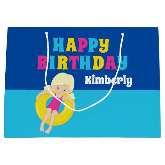 ガールズプールパーティー誕生日カワイイカスタム ラージペーパーバッグ (正面)