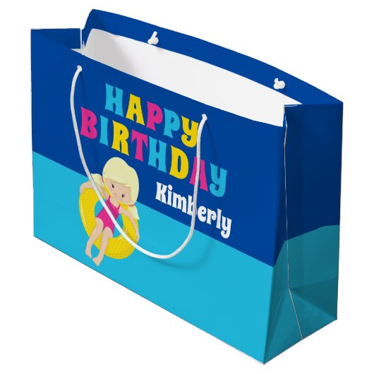 ガールズプールパーティー誕生日カワイイカスタム ラージペーパーバッグ (裏面アングル)