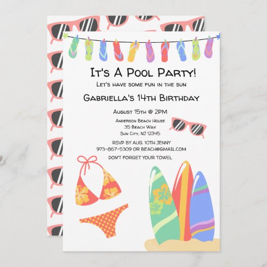 ガールズプ10代のールパーティービキニ誕生日招待状 招待状 (正面/裏面)