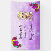 ガールズベビーシャワーバナー、ベビーガールパープルフローラ 横断幕 (縦)
