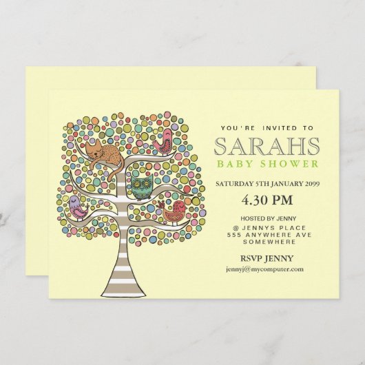 ガールズベビーシャワーフクロウ猫&バード招待状 招待状 (正面/裏面)