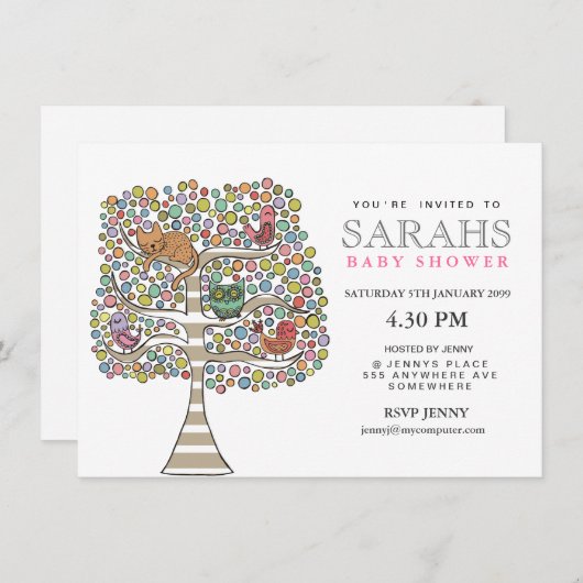 ガールズベビーシャワーフクロウ猫&バード招待状 招待状 (正面/裏面)