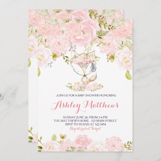 ガールズベビーフォックスベビーシャワー招待状 招待状 (正面/裏面)