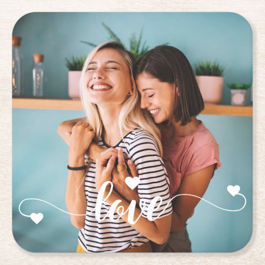 ガールズホワイトラブスクリプトとハートバレンタイン スクエアペーパーコースター (正面)