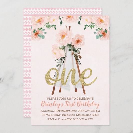 ガールズボホトリバルティーピーファースト誕生日招待状 招待状 (正面/裏面)