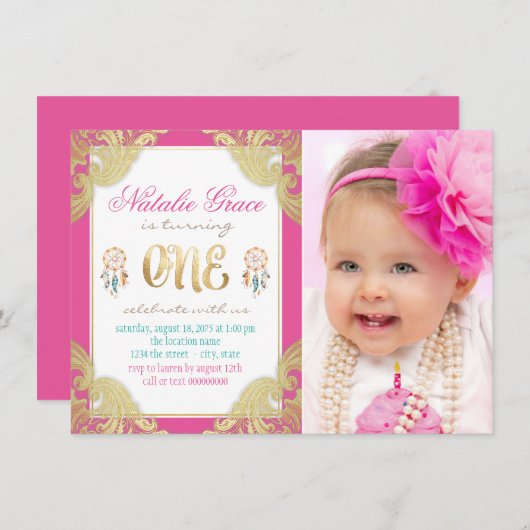 ガールズボホファースト誕生日 招待状 (正面/裏面)