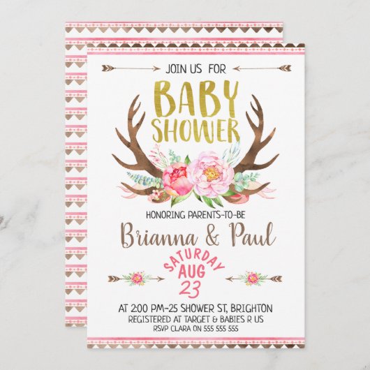 ガールズボホフローラ〔雄ジカの〕枝角ベビーシャワー招待状 招待状 (正面/裏面)