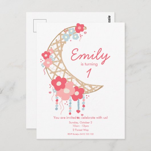 ガールズボホムーン女神誕生日招待状 ポストカード (正面/裏面)