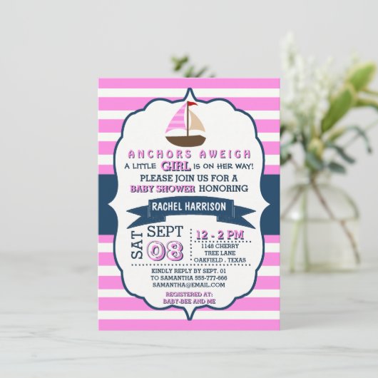 ガールズボート航海のベビーシャワー招待状 招待状 (スタンド正面)