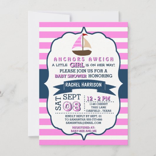 ガールズボート航海のベビーシャワー招待状 招待状 (正面)