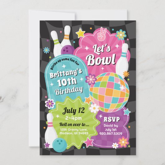 ガールズボーリングバースデーパーティーピンクレトロ招待状 招待状 (正面)