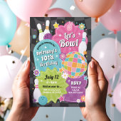 ガールズボーリングバースデーパーティーピンクレトロ招待状 招待状