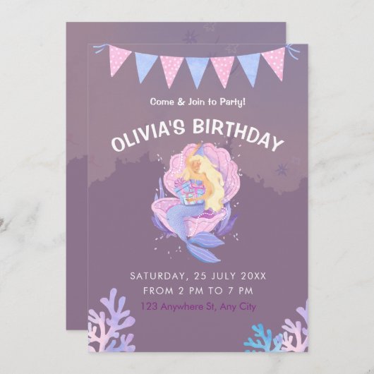 ガールズマーメイドザシー誕生日、ガールズパーティー 招待状 (正面/裏面)