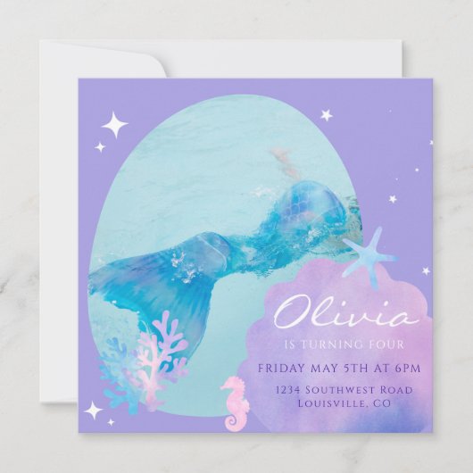 ガールズマーメイドテールアンダーザシー誕生日招待状 招待状 (正面)