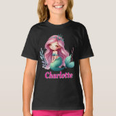 ガールズマーメイド名前をカスタムするブラック Tシャツ (正面)