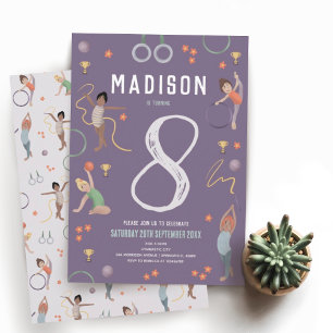 ガールズモダンパープル体操子供の誕生日 招待状