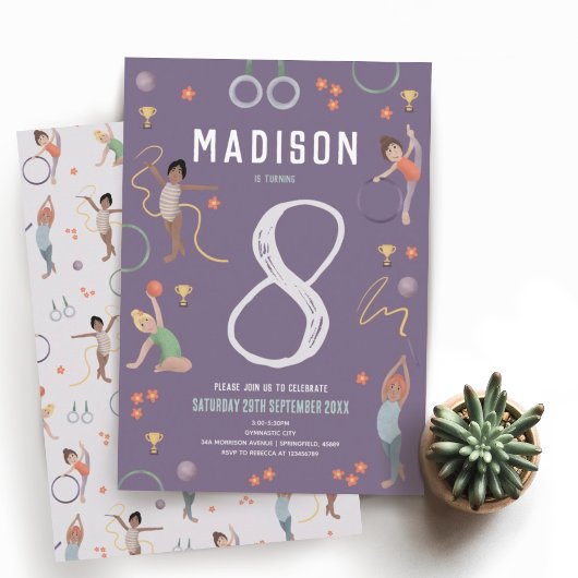 ガールズモダンパープル体操子供の誕生日 招待状