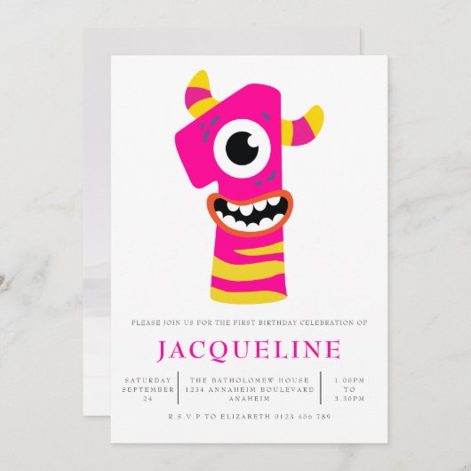 ガールズモンスターファースト誕生日パーティの招待状 招待状 (正面/裏面)