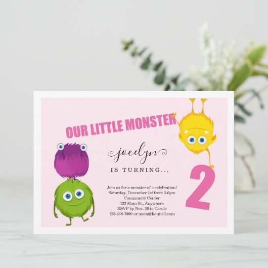 ガールズモンスターファースト2歳の誕生日パーティの招待状 サンキューカード (スタンド正面)