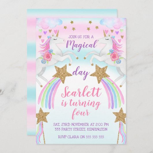 ガールズユニコーンアンドスターズ誕生日招待状 招待状 (正面/裏面)