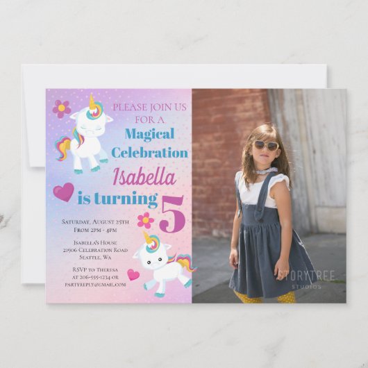ガールズユニコーンフォト誕生日招待状 招待状 (正面)