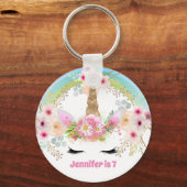 ガールズユニコーン誕生日キーチェーン顔ピンクの花 キーホルダー (正面)