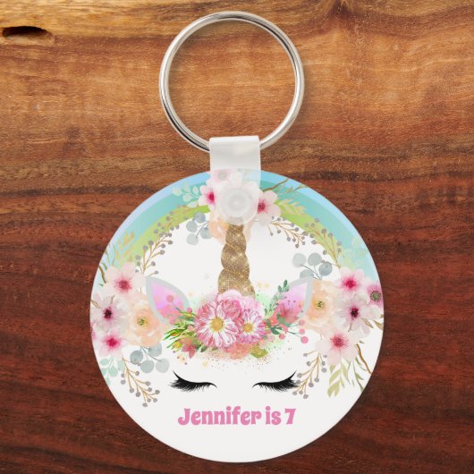 ガールズユニコーン誕生日キーチェーン顔ピンクの花 キーホルダー (正面)