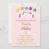 ガールズユニコーン誕生日招待状ピンク&金ゴールド 招待状 (正面)