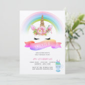 ガールズユニコーン誕生日招待状 – ピンクパープル金ゴールド 招待状 (スタンド正面)