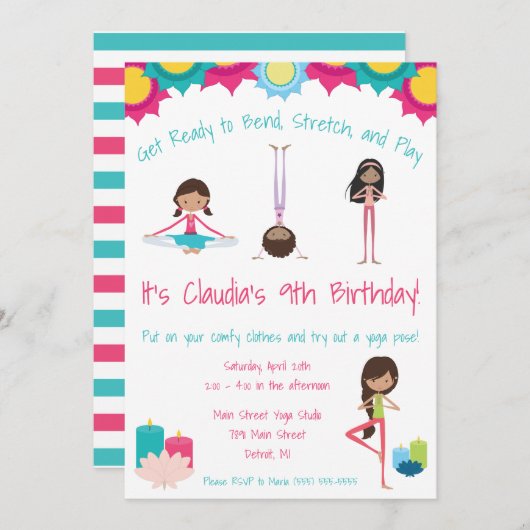 ガールズヨガをテーマにした誕生日パーティー 招待状 (正面/裏面)