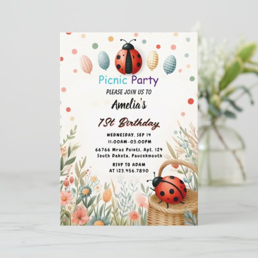 ガールズラブバグピクニック水玉模様1st Birthday 招待状 (スタンド正面)