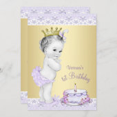 ガールズラベンダー金ゴールドファースト誕生日招待状 招待状 (正面/裏面)