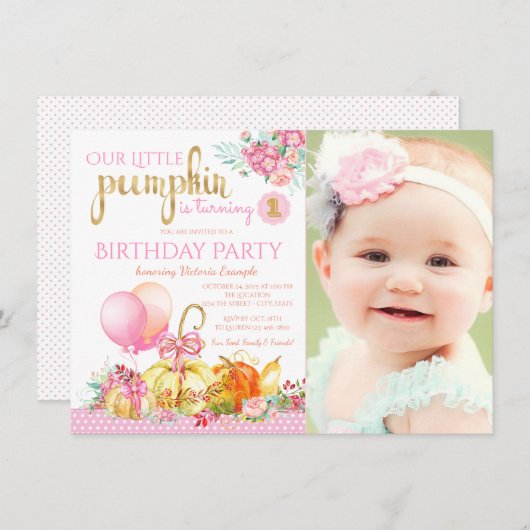 ガールズリトルカボチャフォトファースト誕生日 招待状 (正面/裏面)