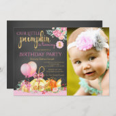 ガールズリトルカンプキンチョークボードファースト誕生日 招待状 (正面/裏面)