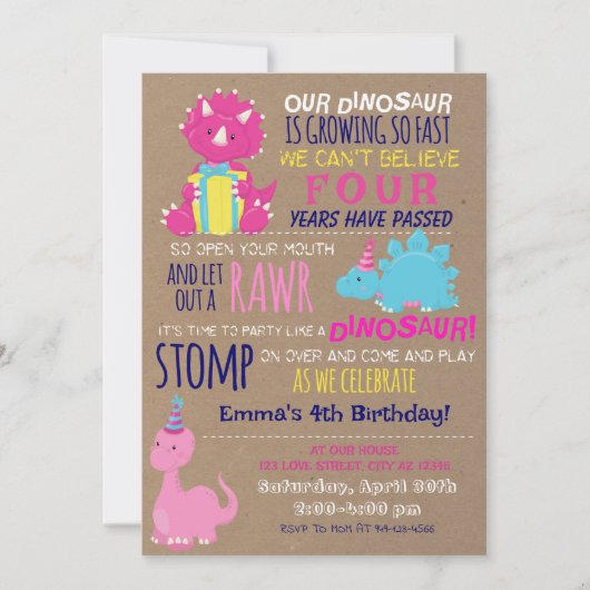 ガールズリトル恐竜子供の誕生日招待状 招待状 (正面)
