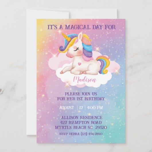 ガールズレインボーカラーズユニコーン誕生日招待状 招待状 (正面)