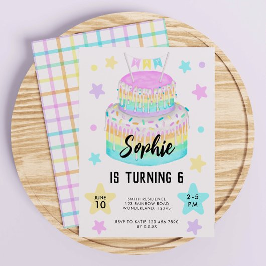 ガールズレインボーケーキ6th誕生日招待状 招待状