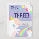 ガールズレインボー&ユニコーンパープル誕生日招待状 招待状 (正面)