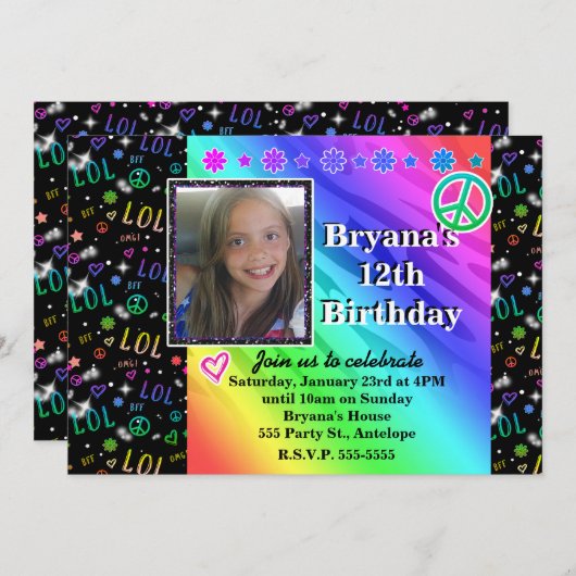 ガールズレインボーLOLバースデーパーティフォト招待状 招待状 (正面/裏面)