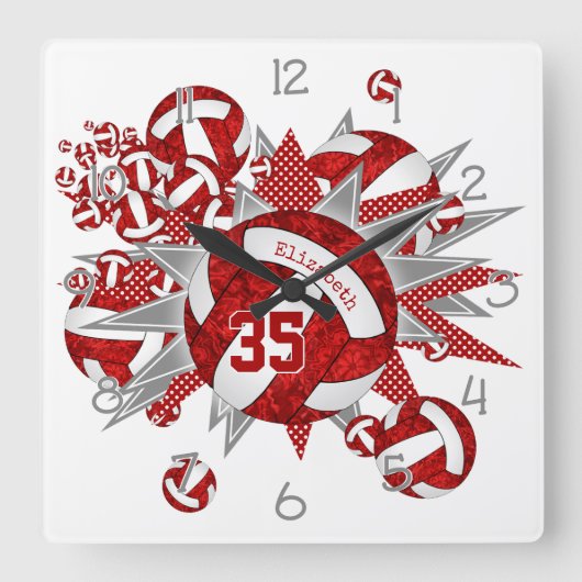 ガールズレッドホワイトバレーボールのスター名前をカスタムする スクエア壁時計 (正面)