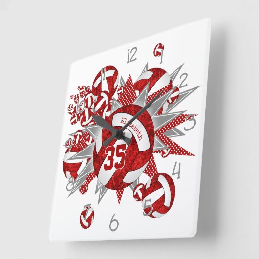 ガールズレッドホワイトバレーボールのスター名前をカスタムする スクエア壁時計 (傾斜)