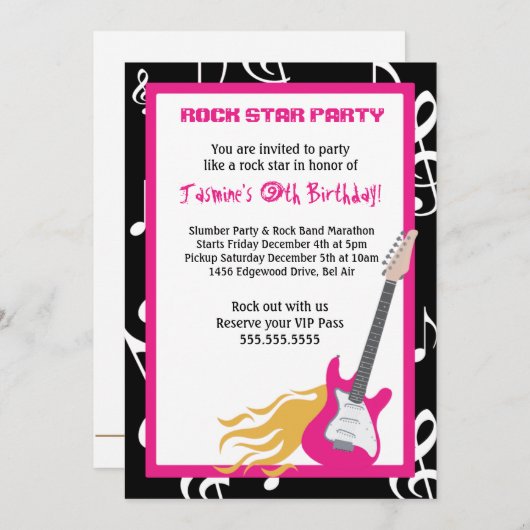 ガールズロッカーギターヒーロー誕生日パーティーへの招待 招待状 (正面/裏面)