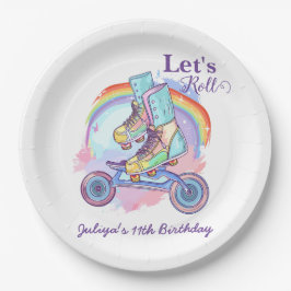 ガールズローラースケートで滑るパープルバースデーパーティー ペーパープレート
