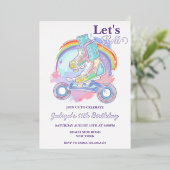 ガールズローラースケートで滑るパープルバースデーパーティー 箔招待状 (立ち正面)